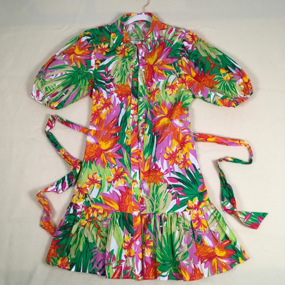 Flying Tomato Puff Sleeve Tropical Mini Dress Sash Waist Ruffle Hem Size L